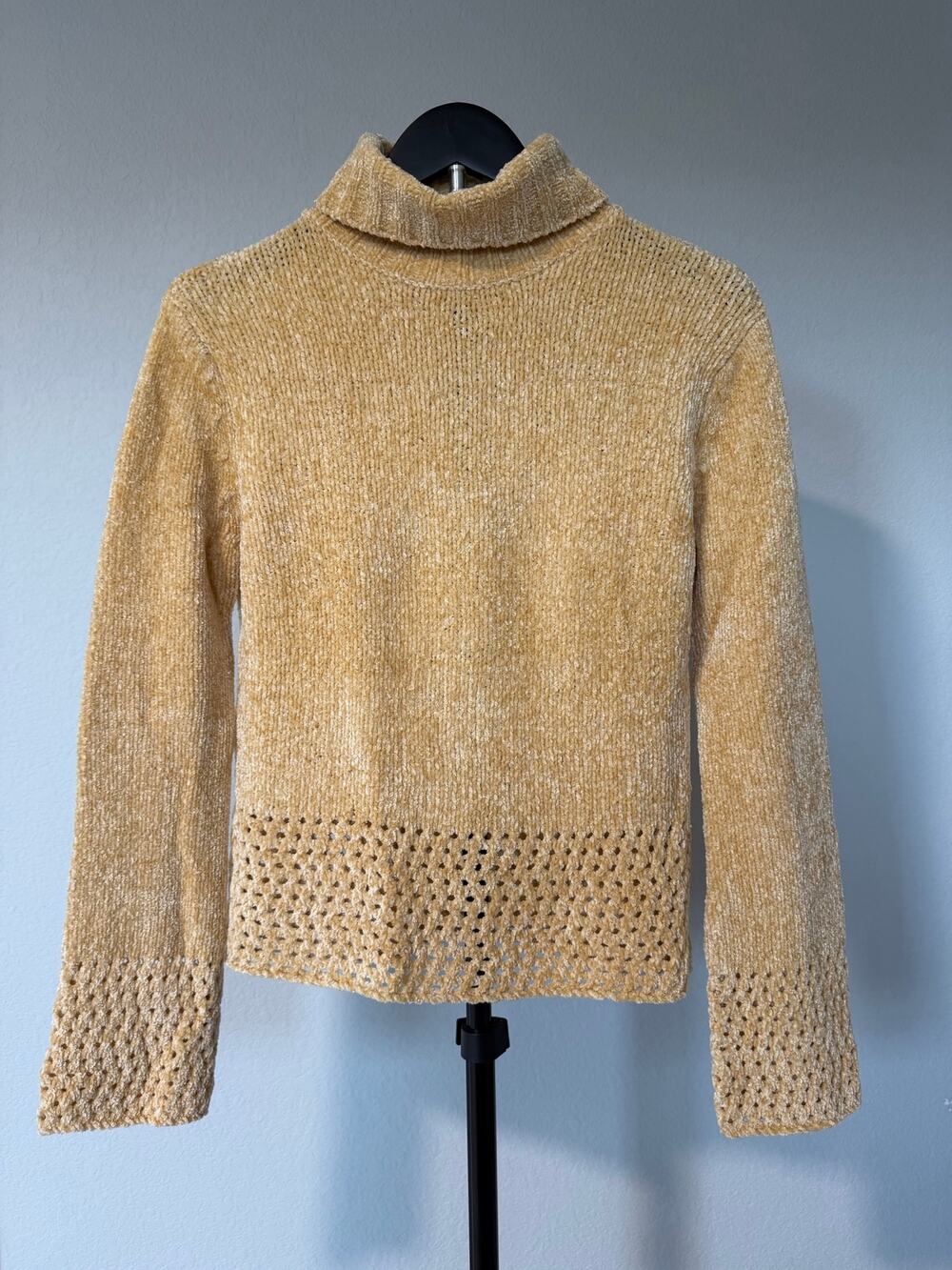 Canyon River Blues Gold Chenille Turtleneck Sweater Crochet Bell Sleeve
